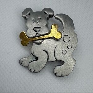 Vintage CHUNG Pewter Dog Brooch with Gold Tone Bone
